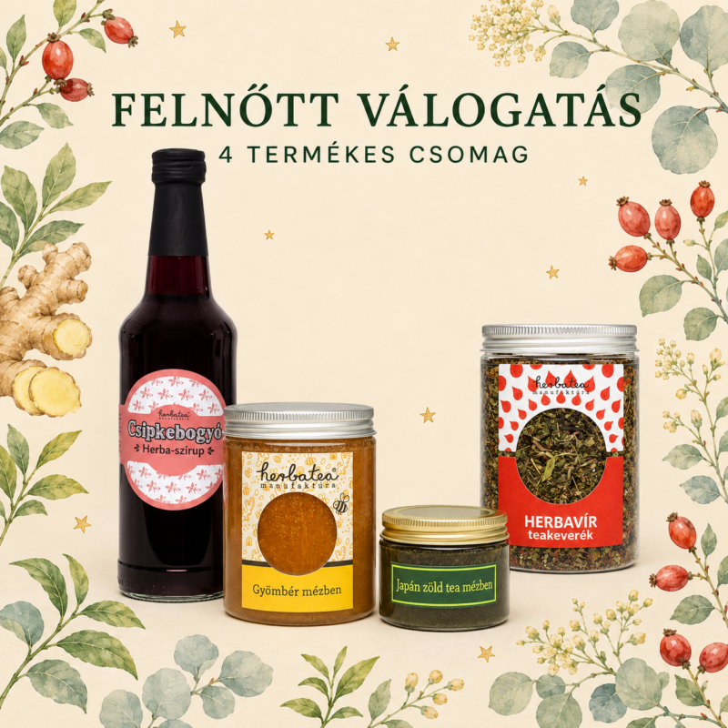 Herbacsomag FELNŐTEKNEK 4db-os csomag( Csipke szirup500ml, Gyömbér méz 400g, HerbaVír tea 70g, Matcha tea mézben 125g)